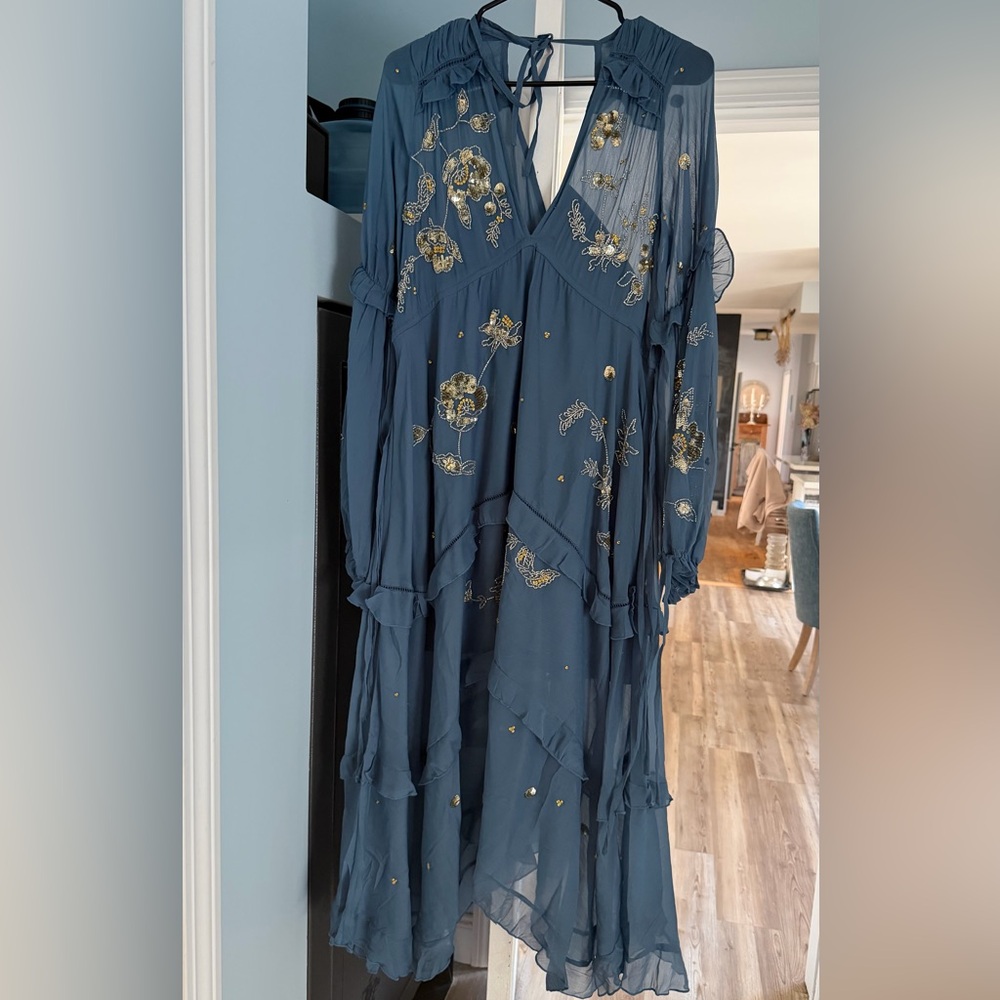 ASOS Navy Blue Maxi Dress with Gold Floral Embroidery